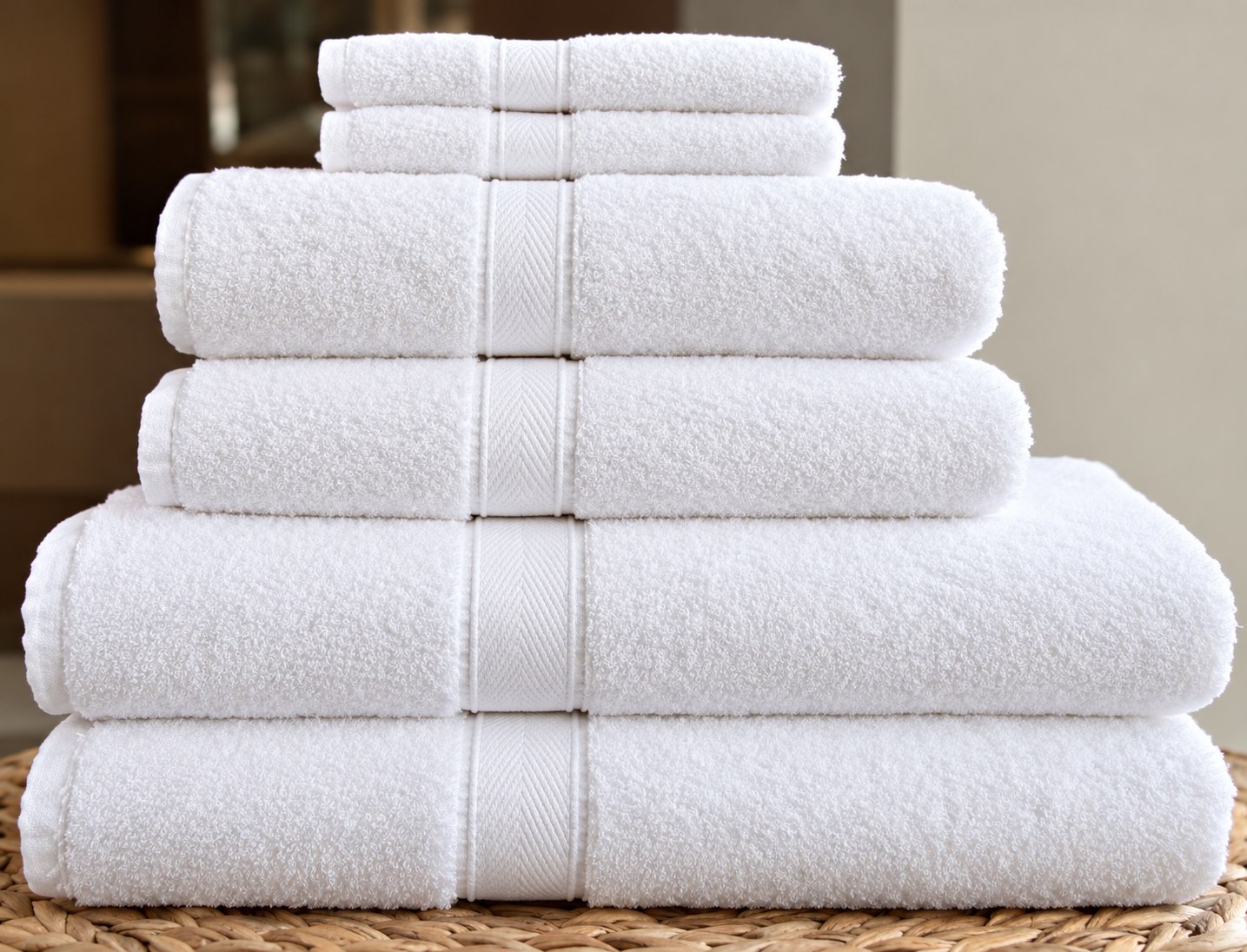 Hotel Towels — Luxury White Towel Pyramid on Woven Mat.png